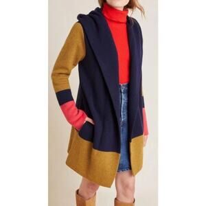 Field Flower 100% Wool Colorblock Hooded Cardigan Coat Small Beach Sweater Artsy